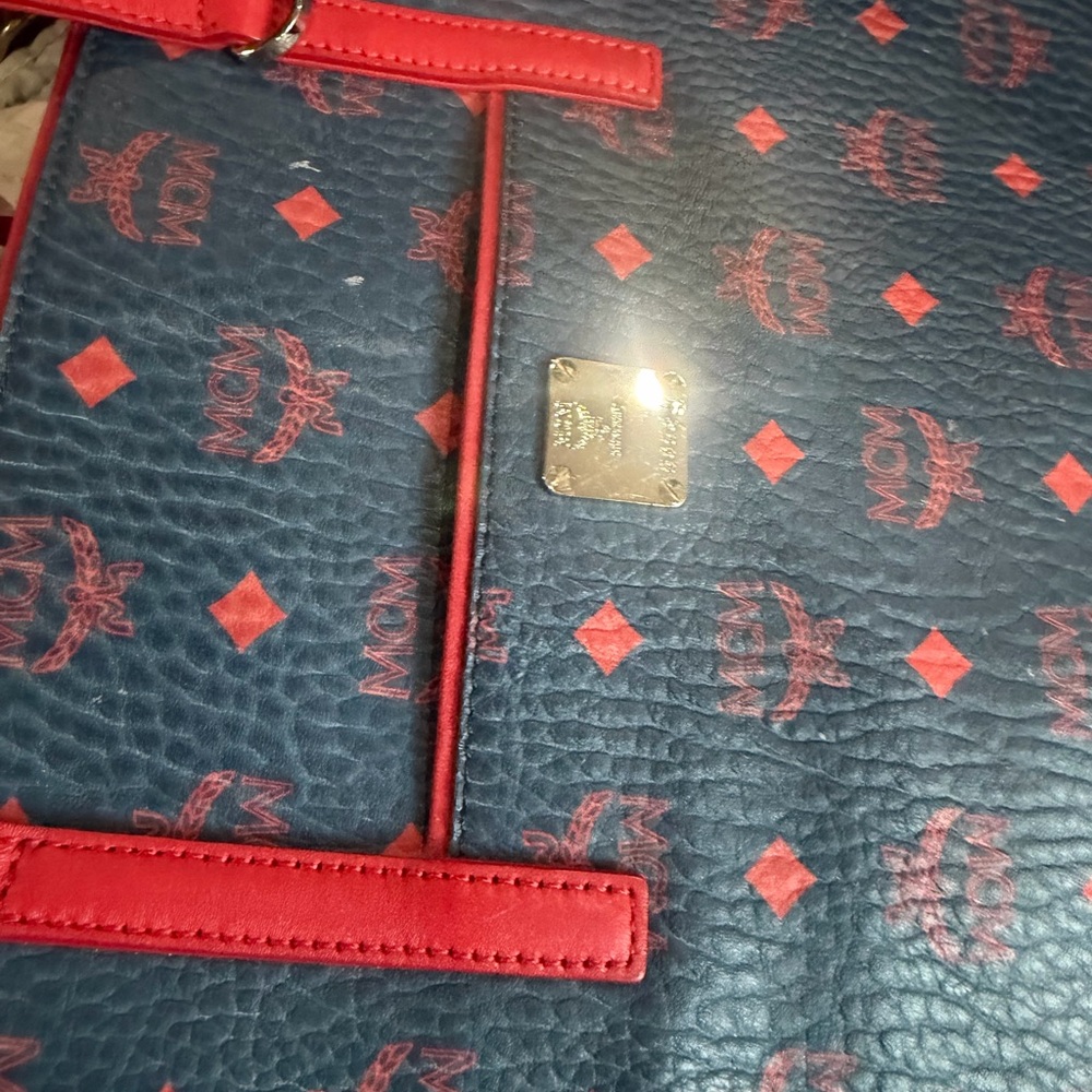 MCM Navy Visetos Canvas Tote with Red Trim and Handles - Picture 4 of 13